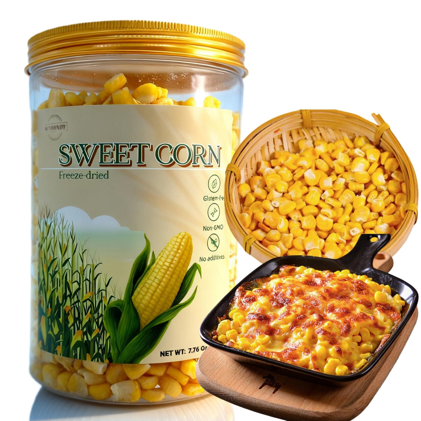 Freeze-dried sweet corn, 7.76 oz (220 g) — Gluten-free | Dehydrated corn | Suitable for salads, soups, and desserts | Packaged in an airtight jar | No added sugar | Sweet corn