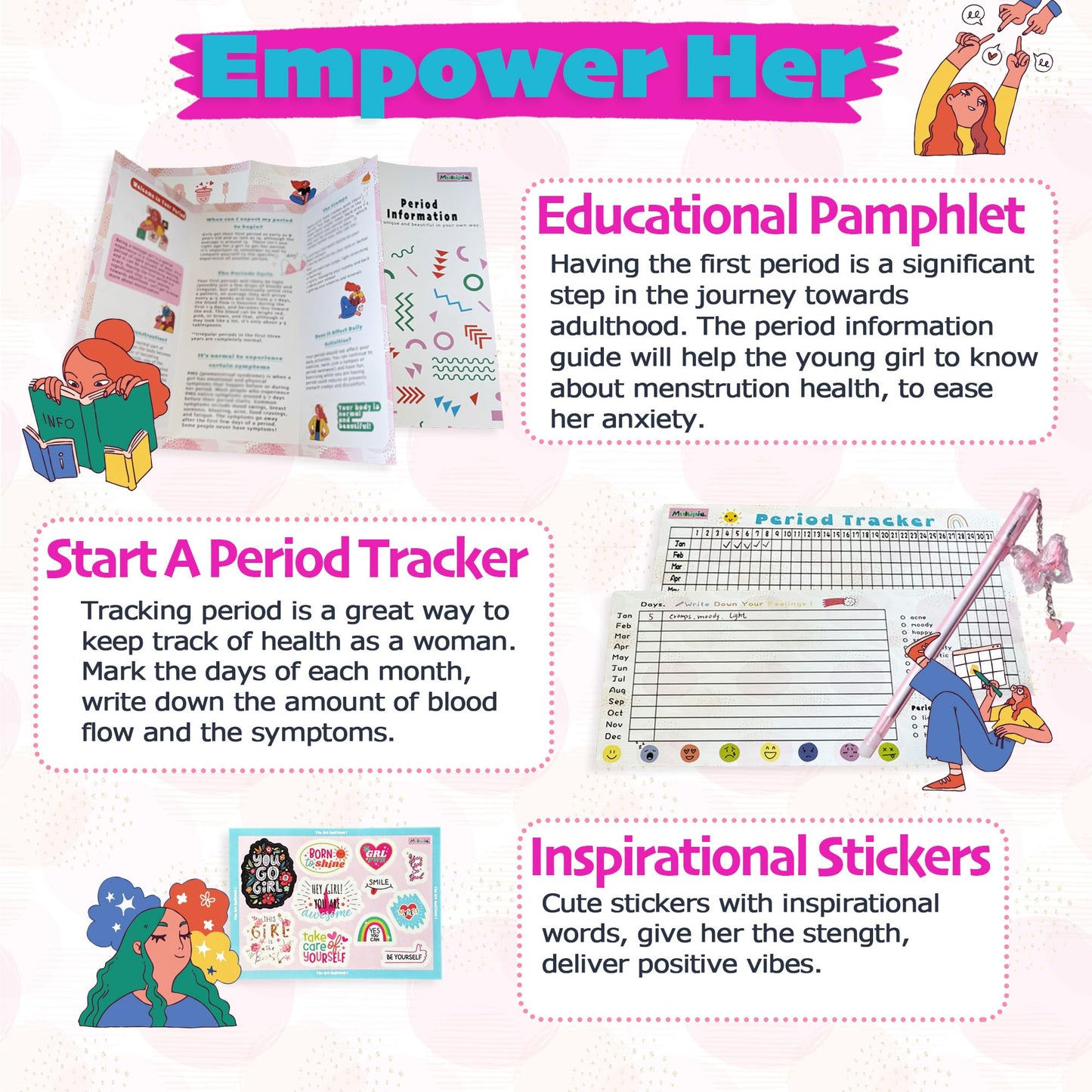 First Period kit for Girls | 22 PC Period Packs for Young Girls First Time | First Period Gift for Teen Girls with Sanitary Pad Storage Bag, Wipes, Bracelet, Eye Mask, Socks and More(Pink)