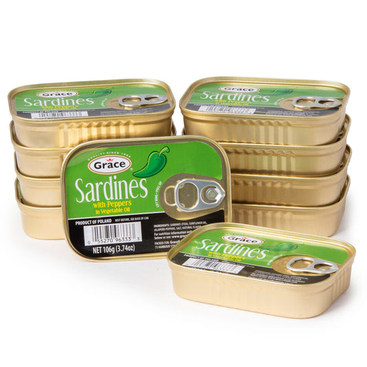 Grace Sardines in Pepper In Vegetable Oil - 3.74oz (Pack of 10) - 16g Protein per Serving, Canned & Packaged Season Sardines, Low Sodium, Gluten Free, Keto Friendly, Canned Fish
