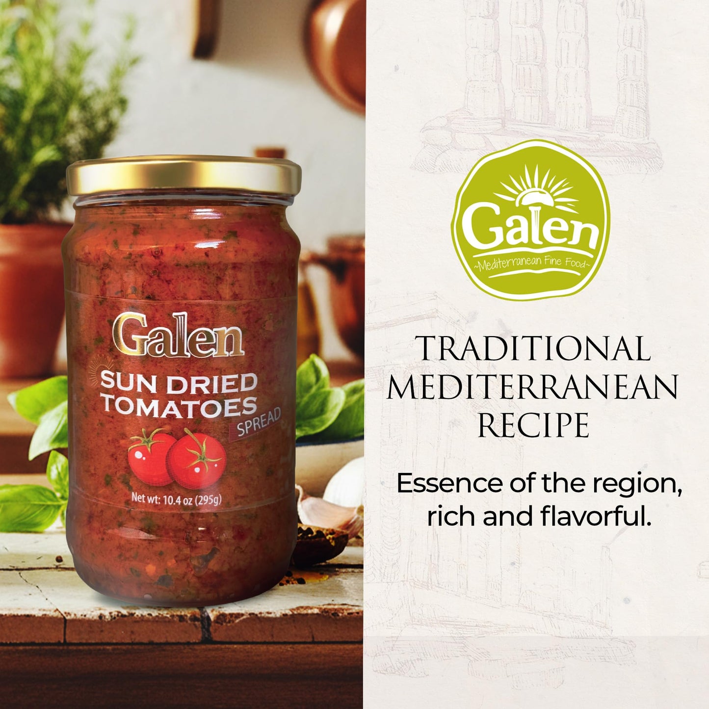 Galen Sun Dried Tomato Spread, Mediterranean Tomatoes Flavor, Ready to Enjoy, 10.4 oz Jar (Pack of 2)