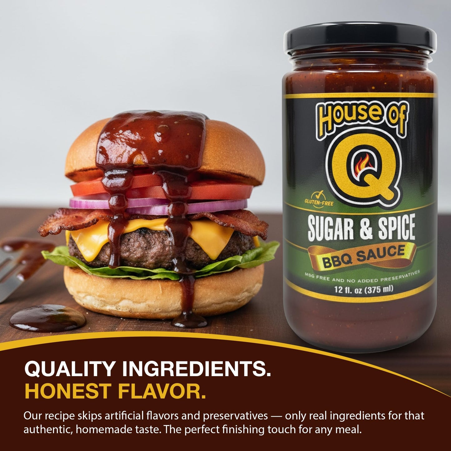House of Q Sugar and Spice BBQ Sauce – Sweet & Spicy Barbecue Sauce with Brown Sugar, Cayenne & Pepper – Bold Gourmet Glaze for Chicken, Steaks & Burgers – Gluten Free, MSG Free, Preservative Free – 12 oz Jar