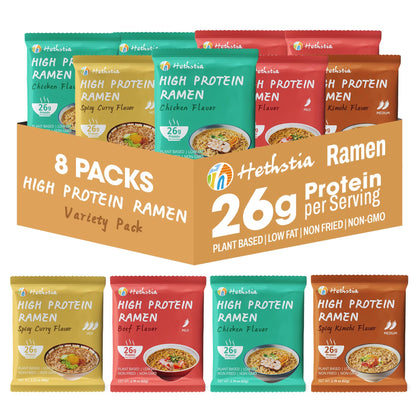 Hethstia High Protein Ramen Noodles Variety Pack - Chicken, Spicy ”Beef, Kimchi, Curry”, 26g Plant-Based Protein Vegan Noodles, 8 Pack | Low Sugar, Low Fat, Non-Fried, Non-GMO, Healthy Asian Meal