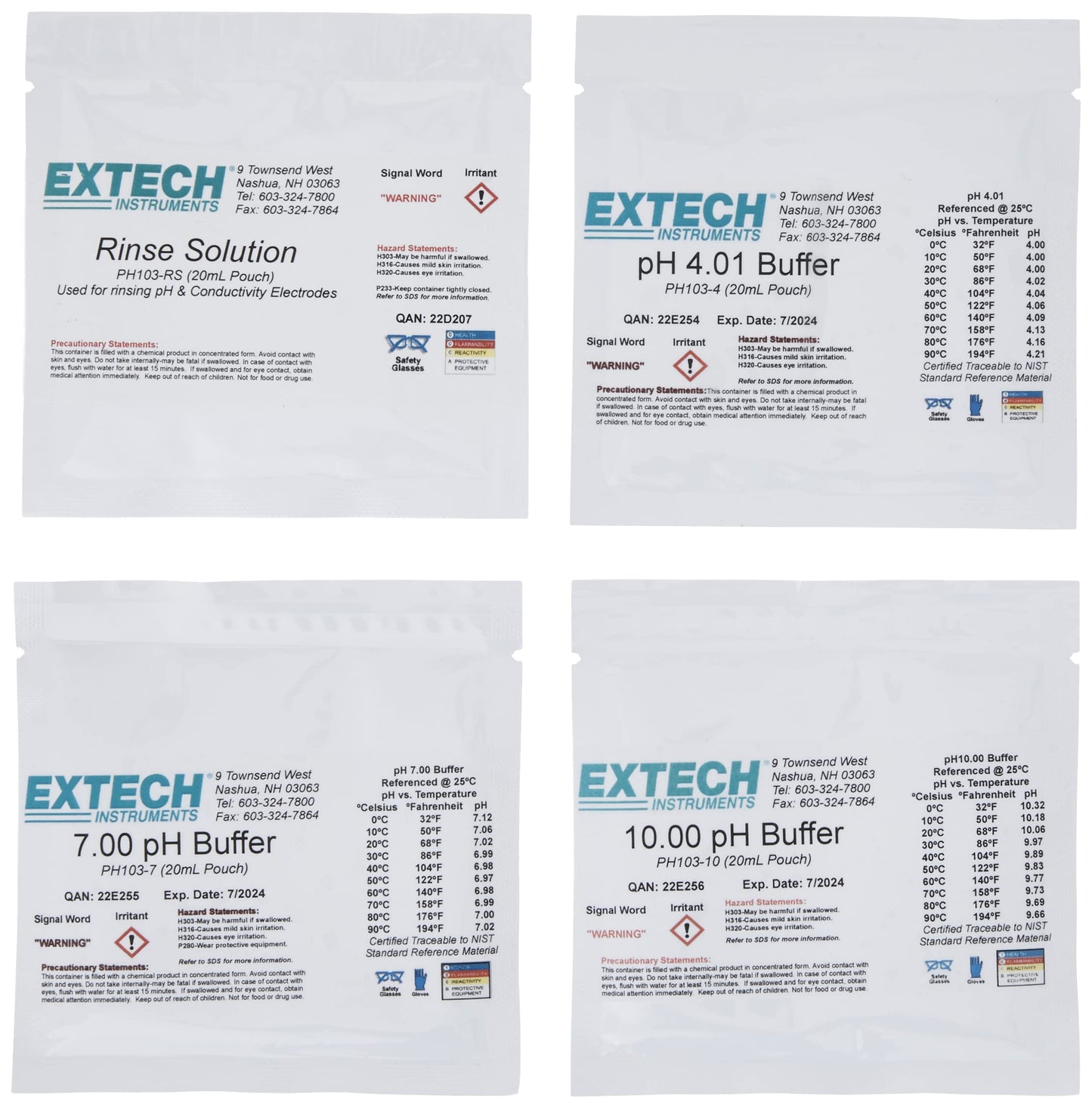 Extech PH103 Tripak Buffer Solution Pouches - Portable pH Calibration Kit with 3 Pre-Measured Packets (pH 4, pH 7, pH 10) - Ready-to-Use Standard Solutions for Lab, Field, Water Testing