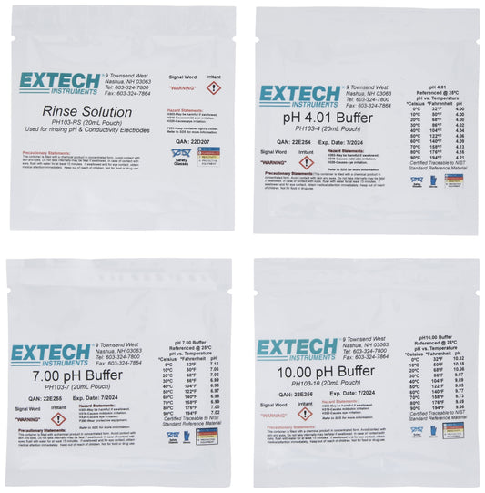 Extech PH103 Tripak Buffer Solution Pouches - Portable pH Calibration Kit with 3 Pre-Measured Packets (pH 4, pH 7, pH 10) - Ready-to-Use Standard Solutions for Lab, Field, Water Testing