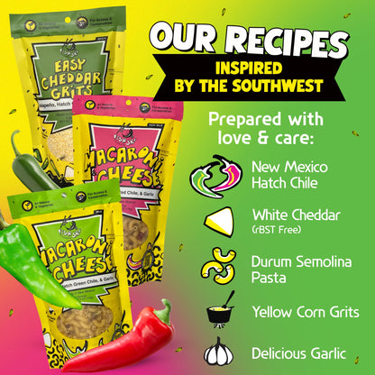 FishSki Provisions Hatch Chile Grits, Mac and Cheese - Just Add Water - Multi Recipe Pack (6 x 6oz Packs)