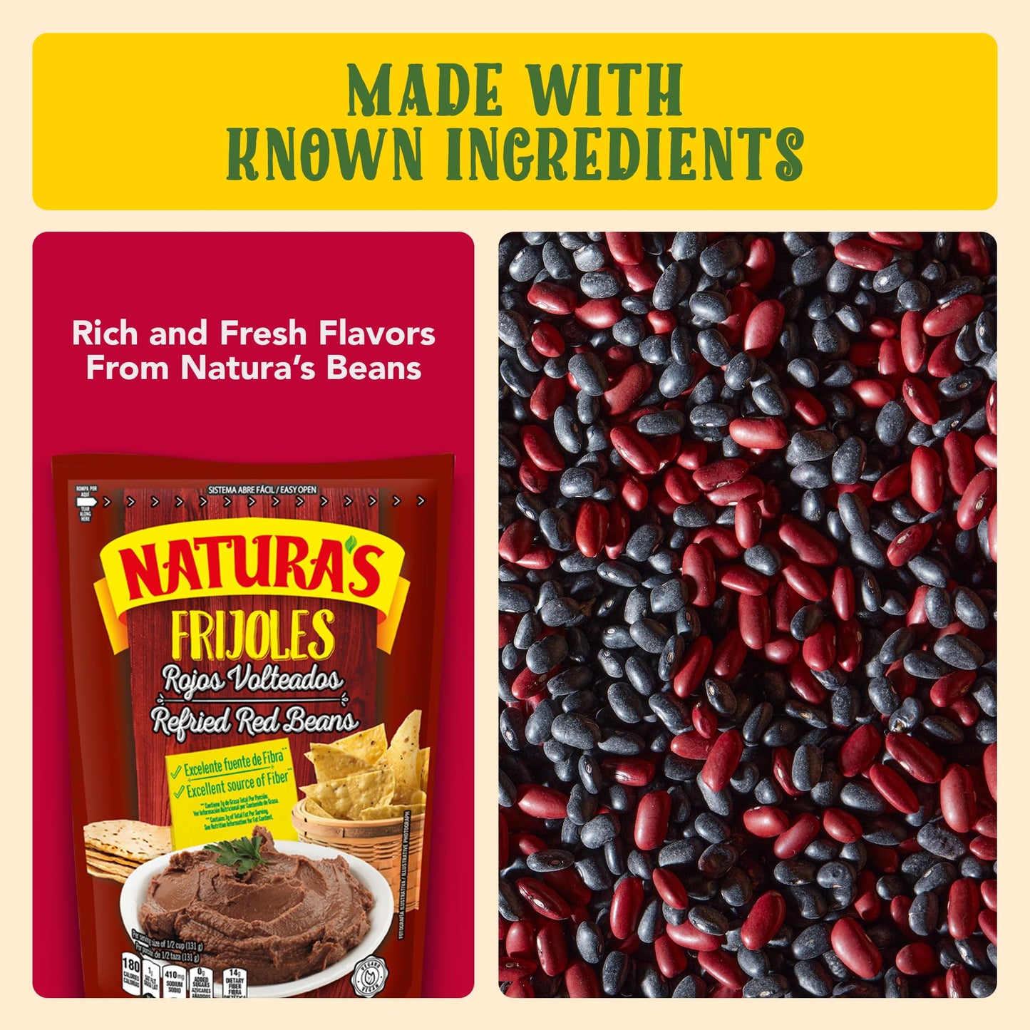 NATURA'S Refried Red Beans, Ready-to-Eat Vegetarian Refried Beans, Frijoles Rojos 13.40 oz Pouch (Pack of 3)