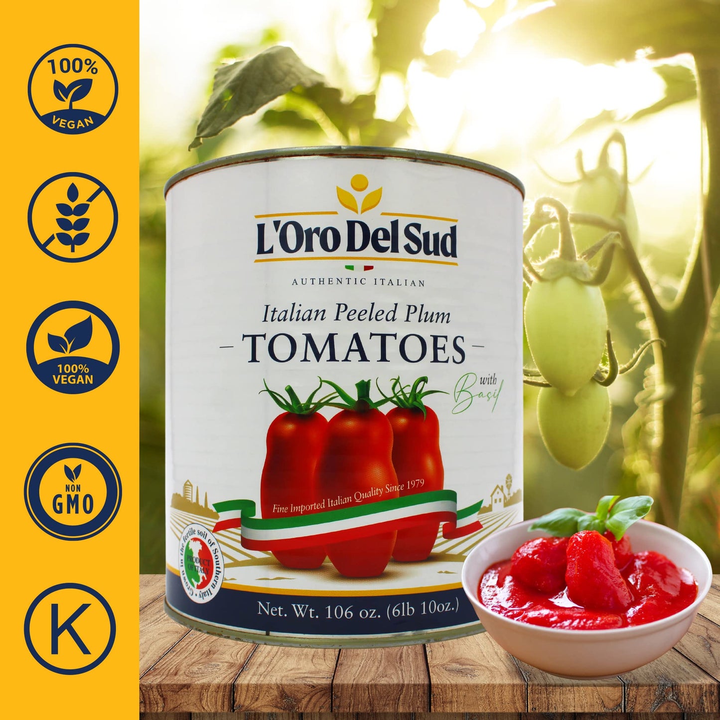 L’Oro Del Sud Italian Whole Peeled San Marzano Style Plum Tomatoes in Tomato Puree with Basil – Authentic Italian Flavor, Perfect for Pasta Sauce, Pizza & Cooking, Large 3.4 kg (106 oz) Can, Product of Italy