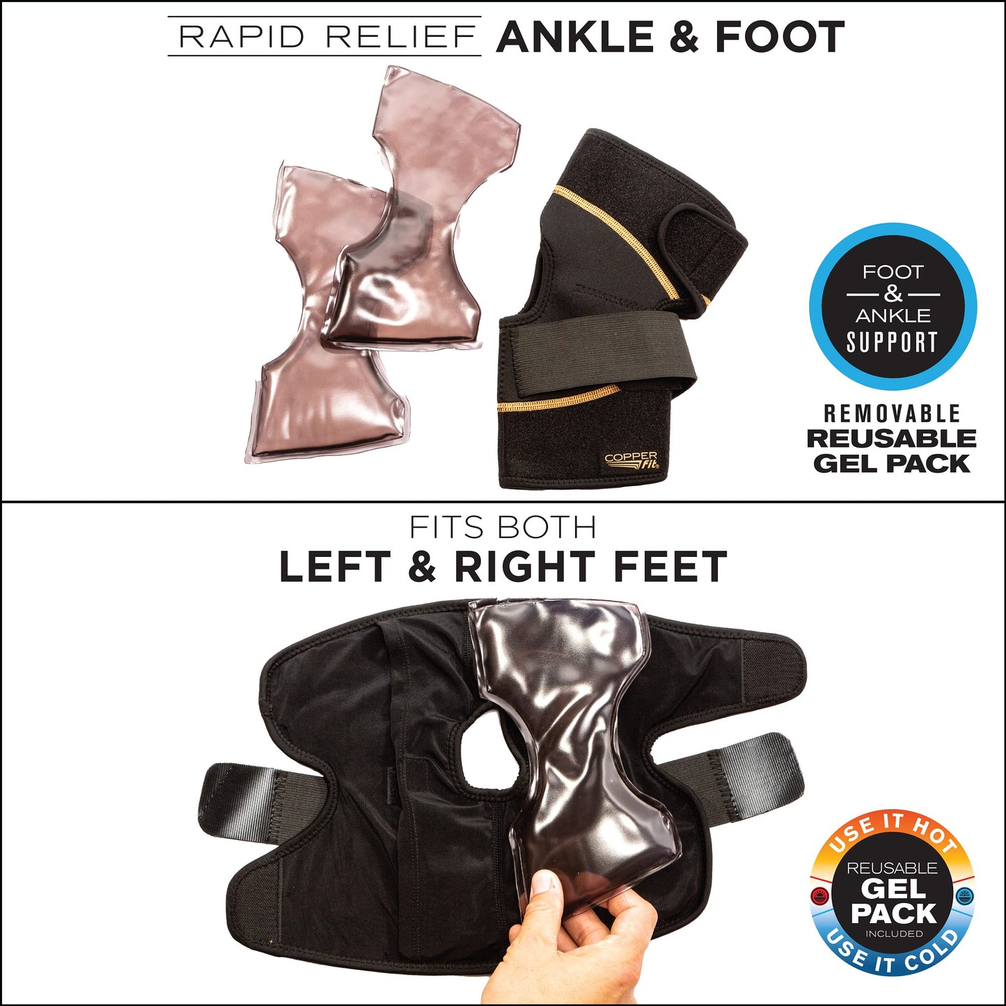 Copper Fit unisex adult Rapid Relief & Hot/Cold Ankle Foot Wrap with Hot Cold Pack, Black, One Size Fits Most US
