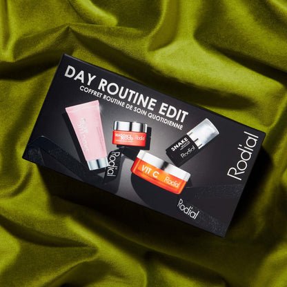 Rodial Day Routine Edit - Four-step Deluxe-Size Skincare Routine: Salicylic Acid Cleanser 20ml, Vit C Pads – 20 pads, Snake Serum- 5ml, Dragon’s Blood Velvet Cream – 15ml