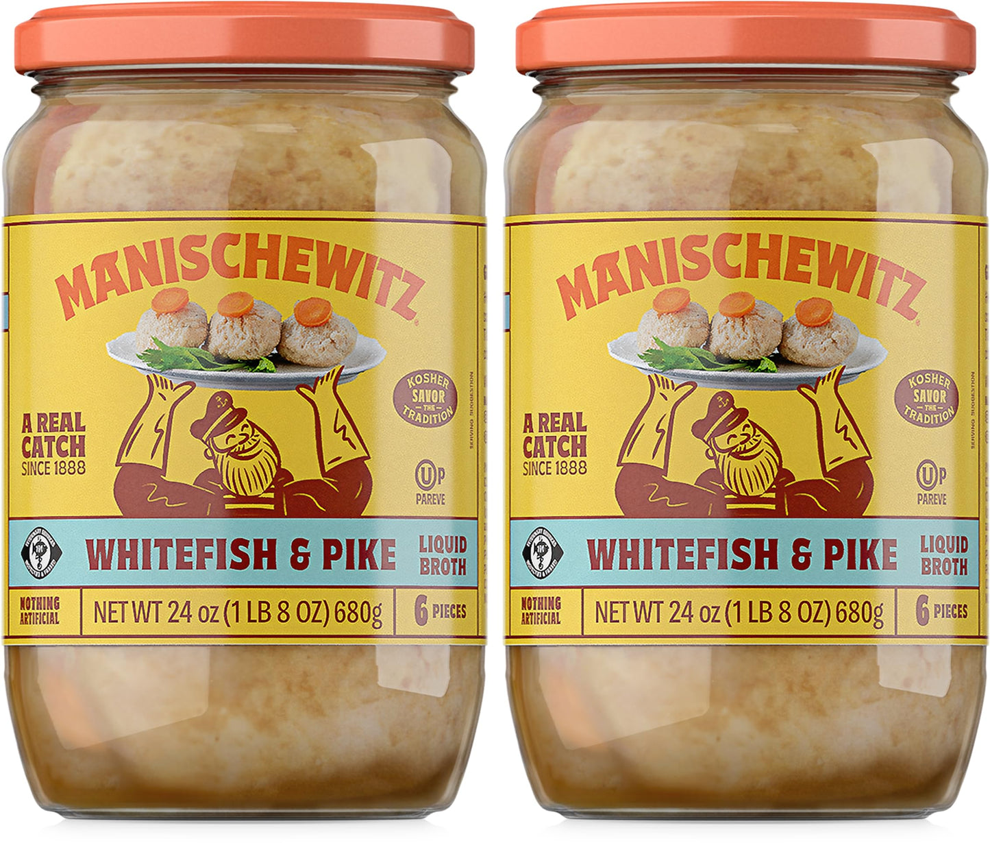 Manischewitz Whitefish & Pike Gefilte Fish in Liquid Broth 24oz (2 Pack), All Natural, Packed with Protein, No Added MSG, Kosher for Passover
