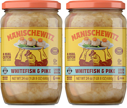 Manischewitz Whitefish & Pike Gefilte Fish in Liquid Broth 24oz (2 Pack), All Natural, Packed with Protein, No Added MSG, Kosher for Passover