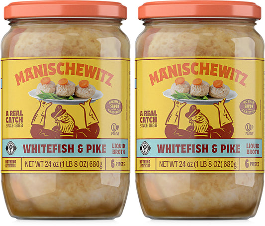 Manischewitz Whitefish & Pike Gefilte Fish in Liquid Broth 24oz (2 Pack), All Natural, Packed with Protein, No Added MSG, Kosher for Passover