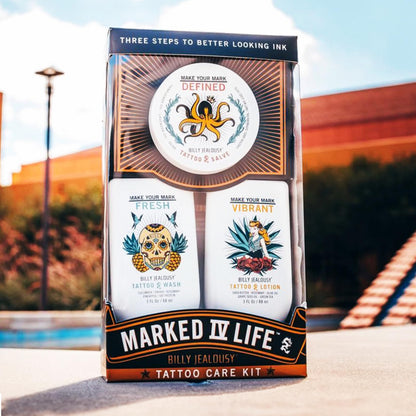 Billy Jealousy Marked IV Complete Tattoo Care Kit, Make Your Mark Defined, Fresh and Vibrant, Includes Aftercare Ink Salve, Brightening Soap and Moisturizing Tattoo Lotion