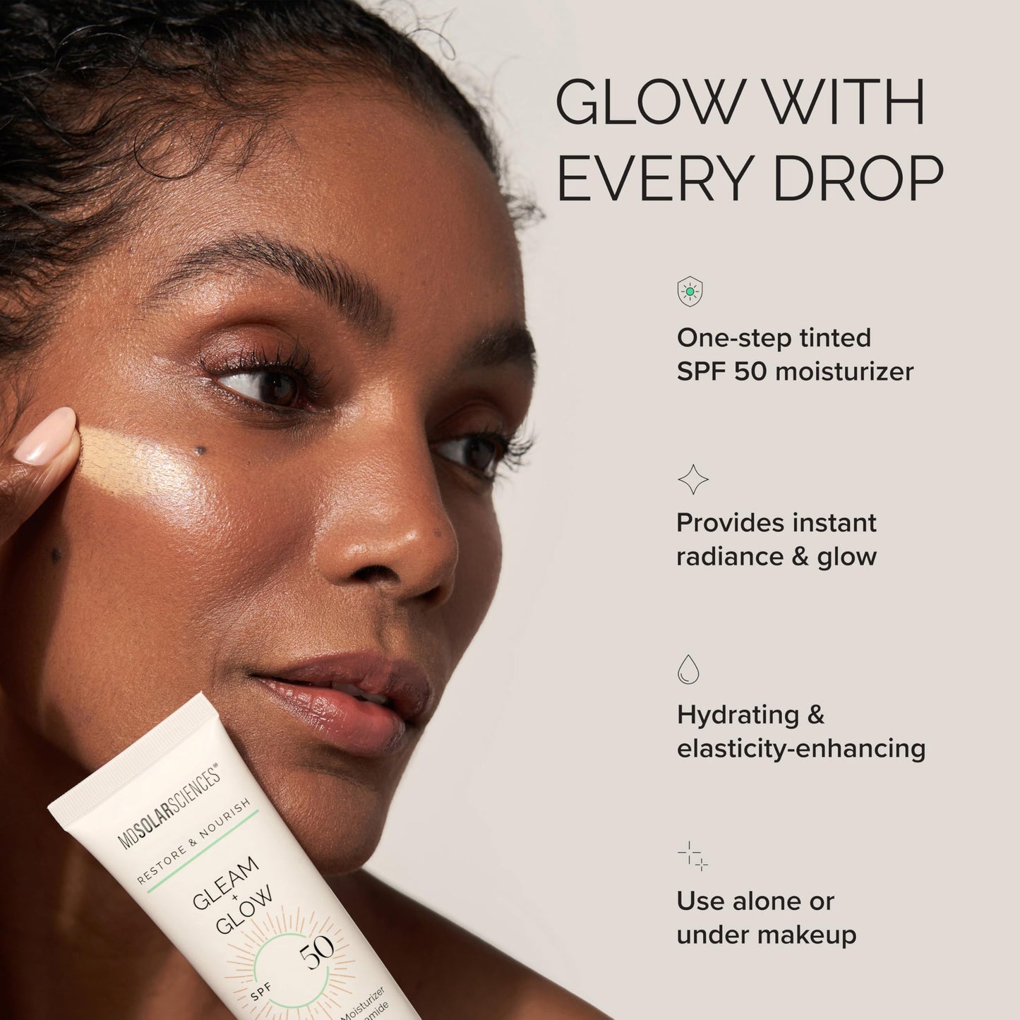 MDSolarSciences Gleam + Glow Sunscreen SPF 50 | Sheer Glow Tinted Moisturizer with Broad Spectrum UV Protection | Infused with Antioxidants, Ceramides & Vitamin C | Safe for Sensitive Skin (1.7 Fl Oz)