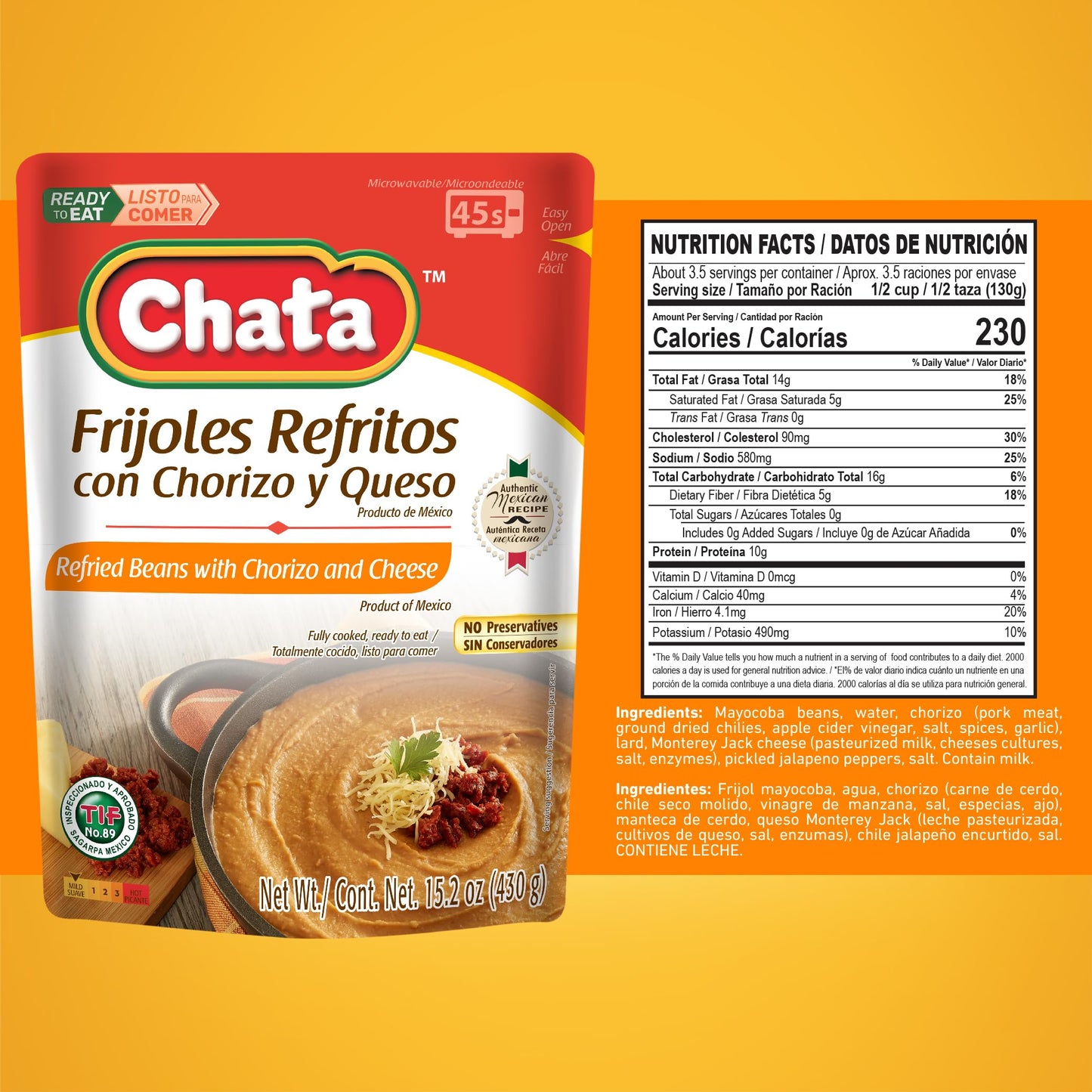 Chata Mexican Refried Beans with Chorizo and Cheese, 15.2 oz (Pack of 3)