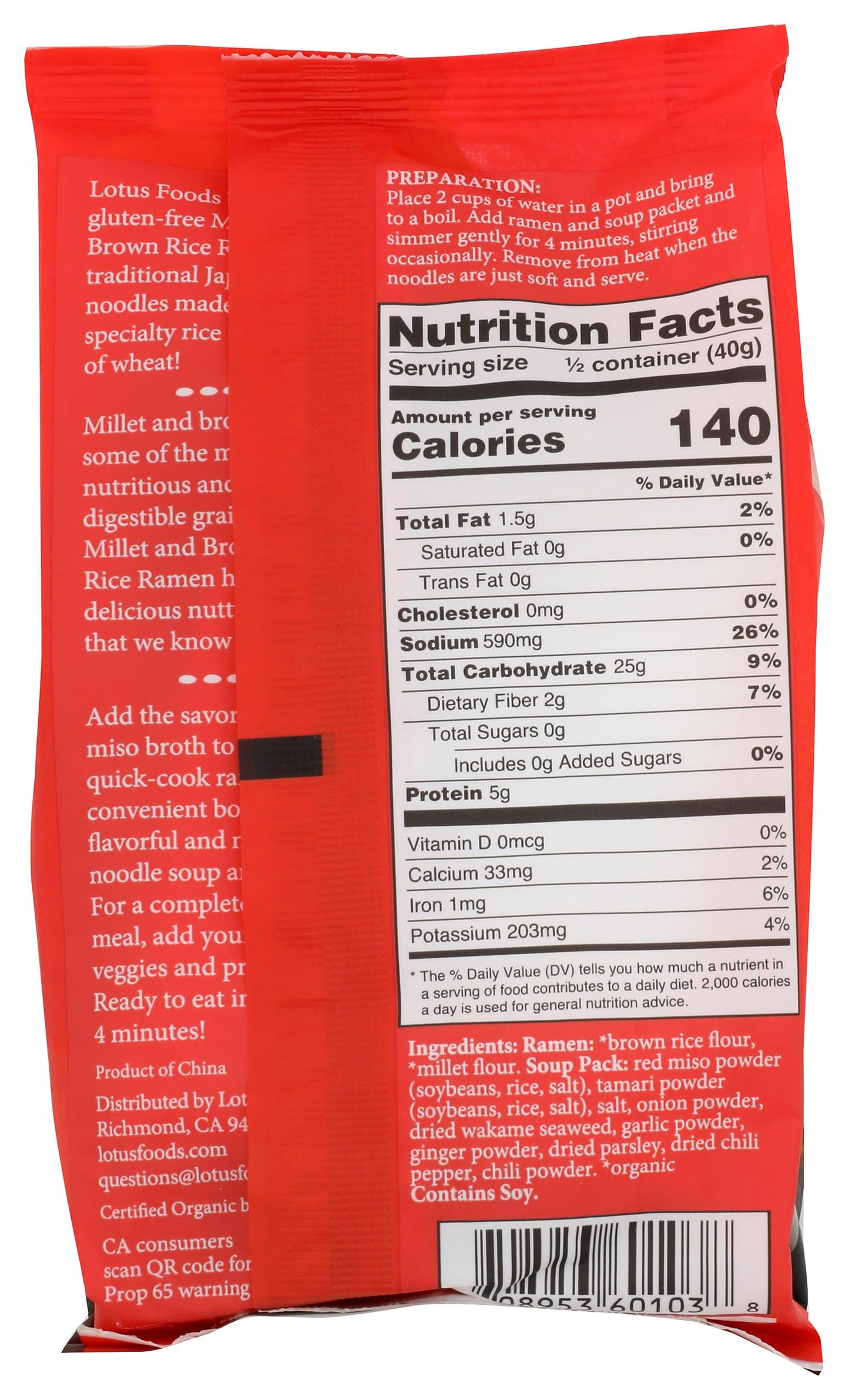 Lotus Foods Organic Ramen Miso Soup Mix-Millet & Brown-2.8 oz