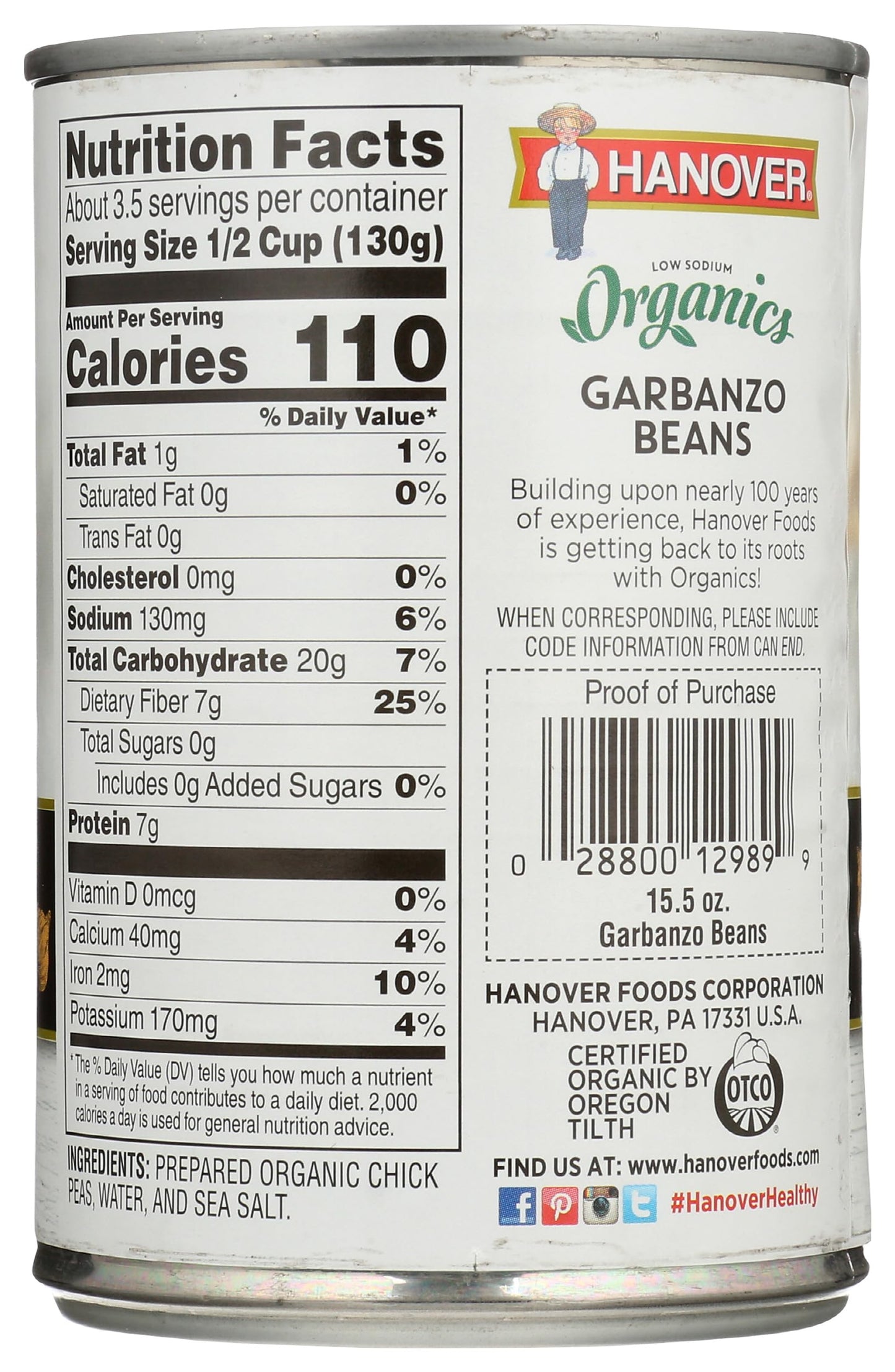Hanover Organic Garbanzo Beans, Low Sodium, Kosher, USDA Certified Organic, Non-GMO, 15.5 Ounce (Pack of 12)