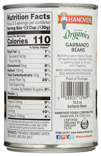 Hanover Organic Garbanzo Beans, Low Sodium, Kosher, USDA Certified Organic, Non-GMO, 15.5 Ounce (Pack of 12)