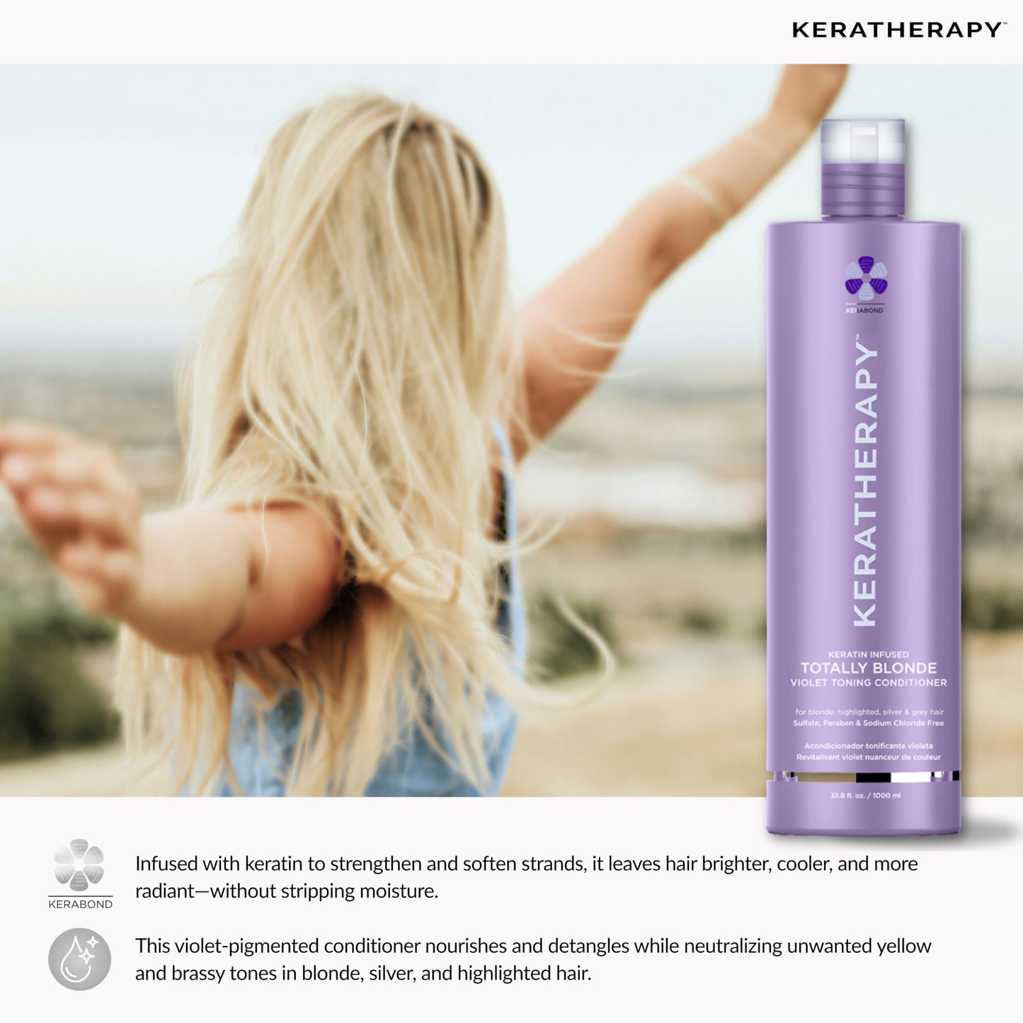 KERATHERAPY Keratin Infused Totally Blonde Violet Toning Conditioner, 33.8 fl. oz., 1000 ml - Keratin Therapy Purple Conditioner for Blonde Hair, Brassy, Silver, & Highlighted - Sulfate & Paraben Free