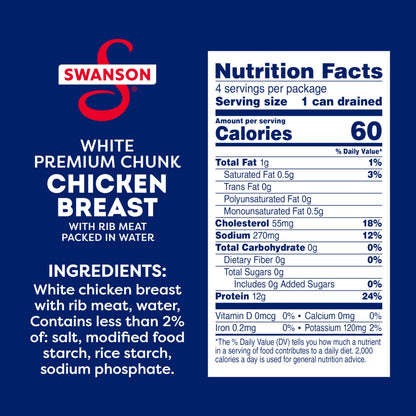 Swanson White Premium Chunk Chicken Breast with Rib Meat in Water, 4.5 oz. (Pack of 4)