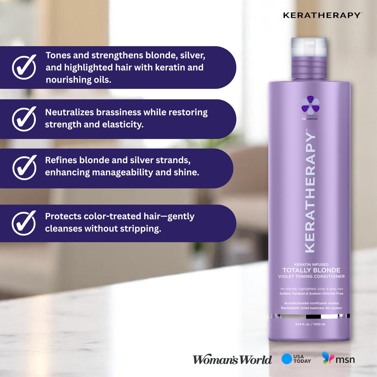 KERATHERAPY Keratin Infused Totally Blonde Violet Toning Conditioner, 33.8 fl. oz., 1000 ml - Keratin Therapy Purple Conditioner for Blonde Hair, Brassy, Silver, & Highlighted - Sulfate & Paraben Free
