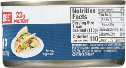 Bumble Bee Tiny Canned Shrimp, 6 oz Can - Shrimp in Water, Cooked, Peeled, Deveined - 22g Protein per Serving - Gluten Free
