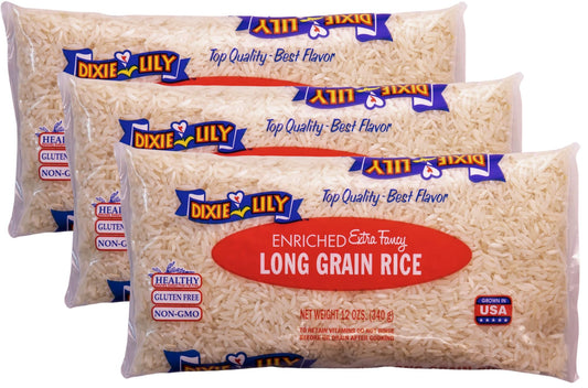 Dixie Lily Long Grain Extra Fancy White Rice - Enriched with Iron, Niacin, Thiamine, Folate, Fluffy & Tender - Stovetop & Microwave Cooking - 3 Pack