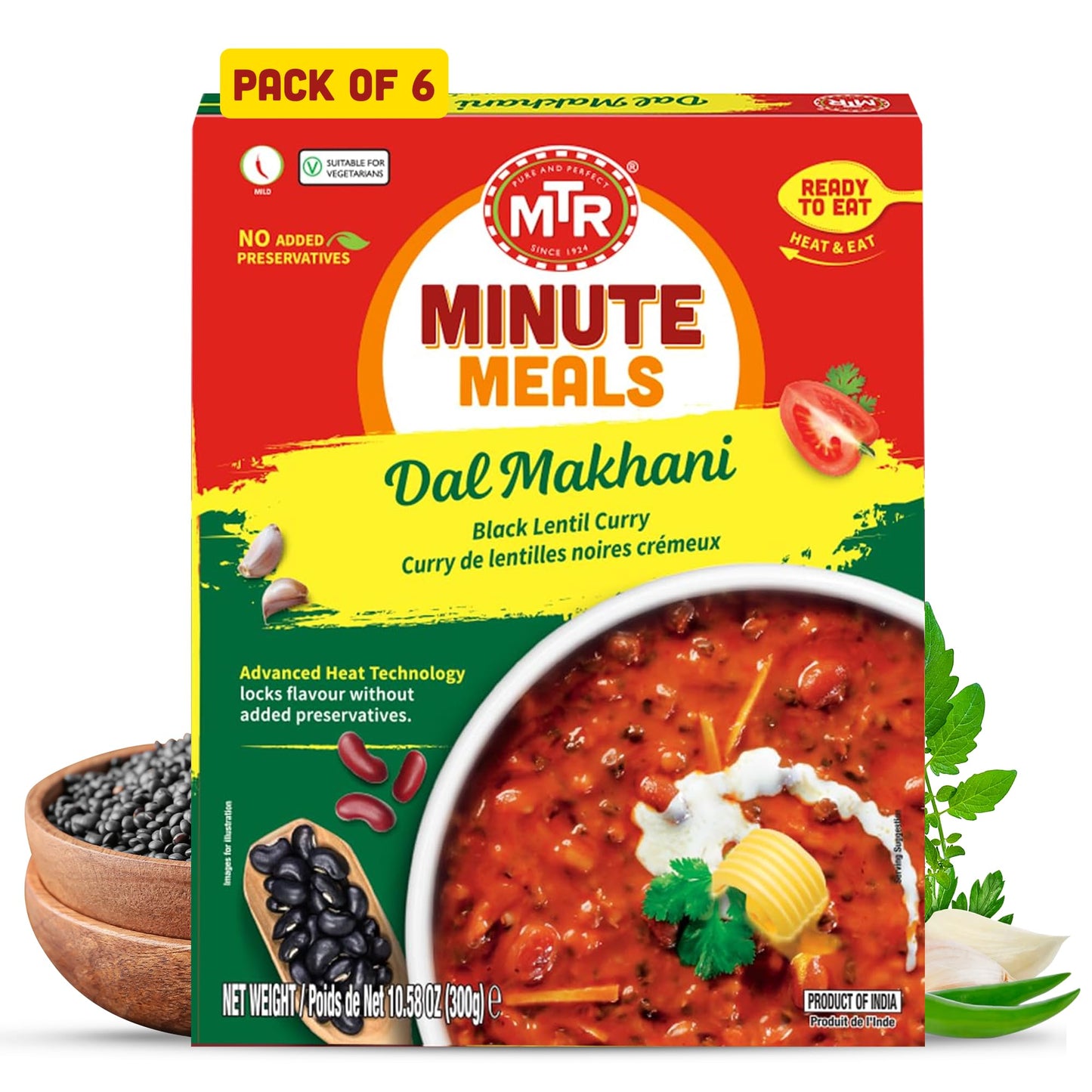 MTR - Minute Meals: Dal Makhani - Rich Black Lentil Curry - Authentic Indian Ready-To-Eat Meal - No Added Preservatives - A Quick Meal Suitable for Vegetarians, Ready in Minutes! (Pack of 6)