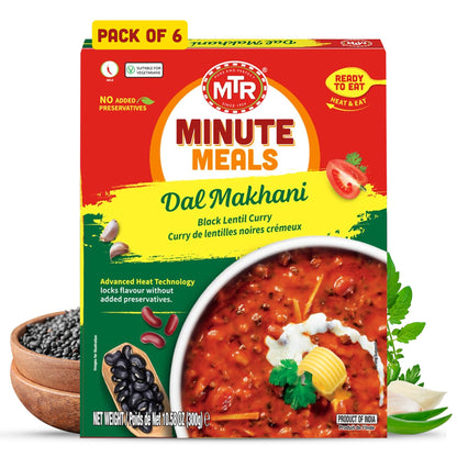 MTR - Minute Meals: Dal Makhani - Rich Black Lentil Curry - Authentic Indian Ready-To-Eat Meal - No Added Preservatives - A Quick Meal Suitable for Vegetarians, Ready in Minutes! (Pack of 6)