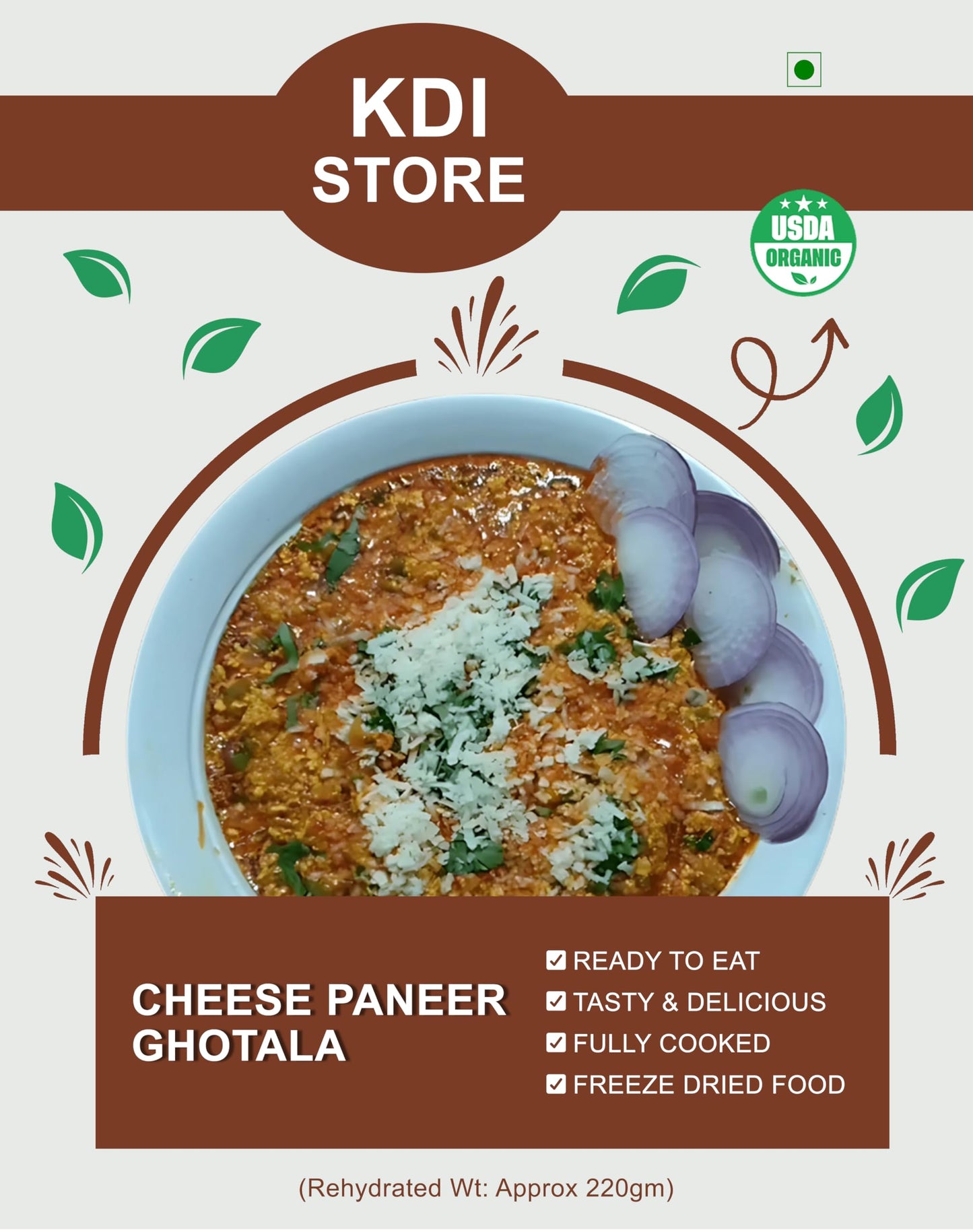KDI Store Cheese Paneer Ghotala, Ready to Eat Indian Curry, USDA Organic, Freeze Dried Food, Fully Cooked, 60g