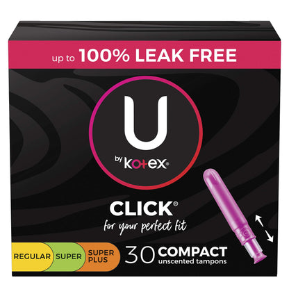 U by Kotex Click Compact Multipack Tampons, Regular/Super/Super Plus Absorbency, Unscented, 30 Count