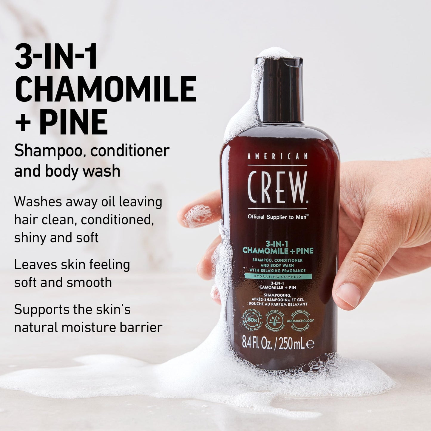 AMERICAN CREW 3-in-1 Chamomile & Pine, Shampoo, Conditioner & Body Wash for Men, All-in-One Care with Calming and Relaxing Fragrance, 15.2 fl oz