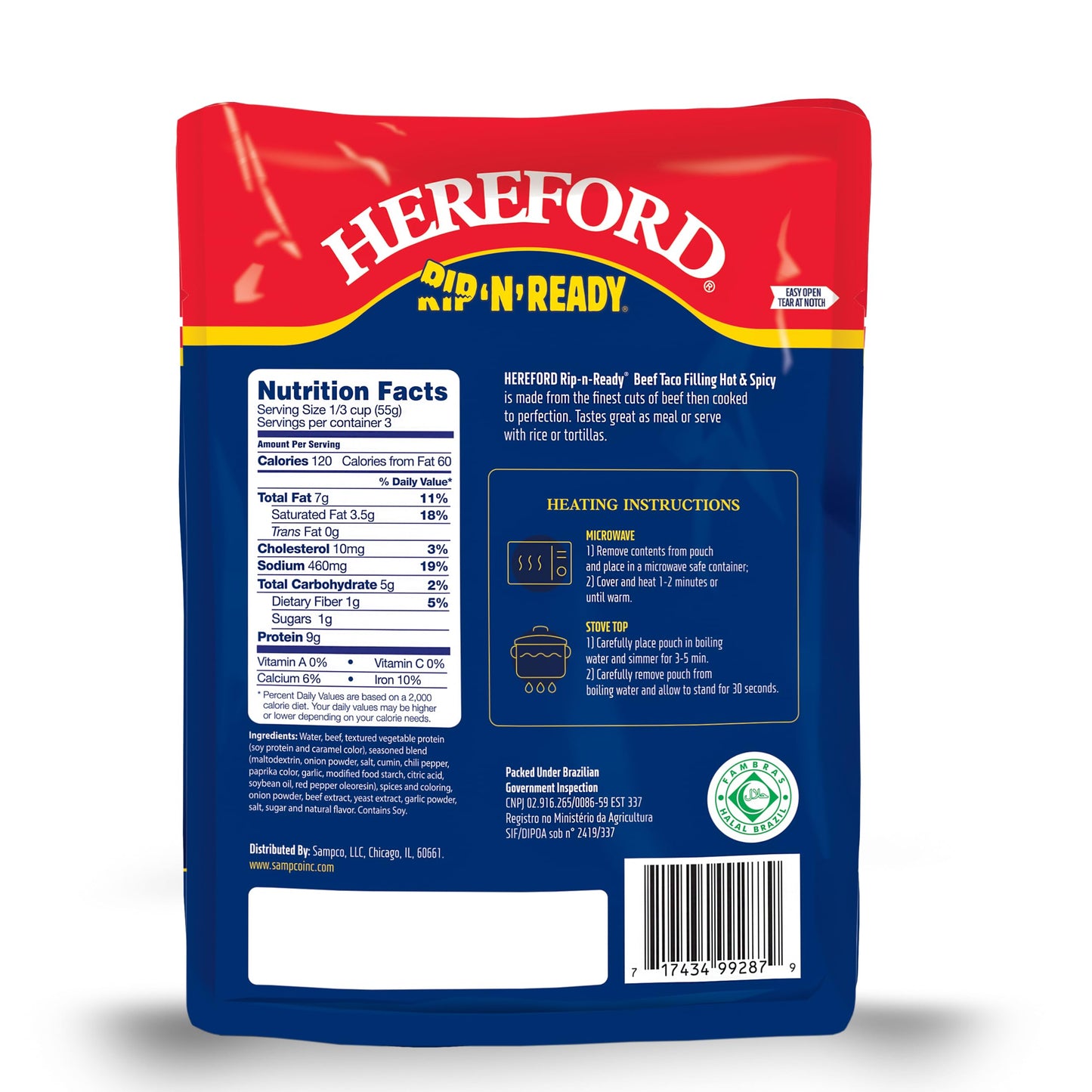Hereford Beef Taco Filling - Hot & Spicy | Shelf Stable | Halal | Fully Cooked | Ready-to-Eat | 9g of Protein per Serving | 6oz per Pouch (Case of 12)