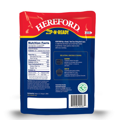 Hereford Beef Taco Filling - Hot & Spicy | Shelf Stable | Halal | Fully Cooked | Ready-to-Eat | 9g of Protein per Serving | 6oz per Pouch (Case of 12)