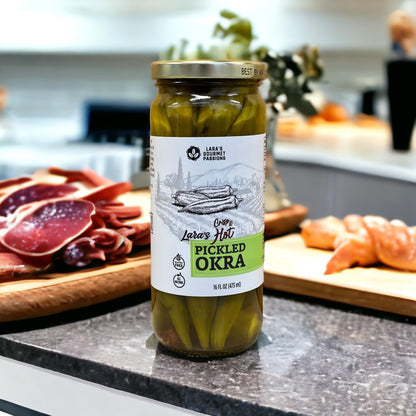 Lara's Crisp and Hot Pickled Okra – (Pack of 1, 16 fl oz) – Zesty Southern Style Spicy Okra, Ideal for Charcuterie Boards, Gourmet Snacks, and Cocktails – Gluten-Free, All-Natural, Vegan-Friendly