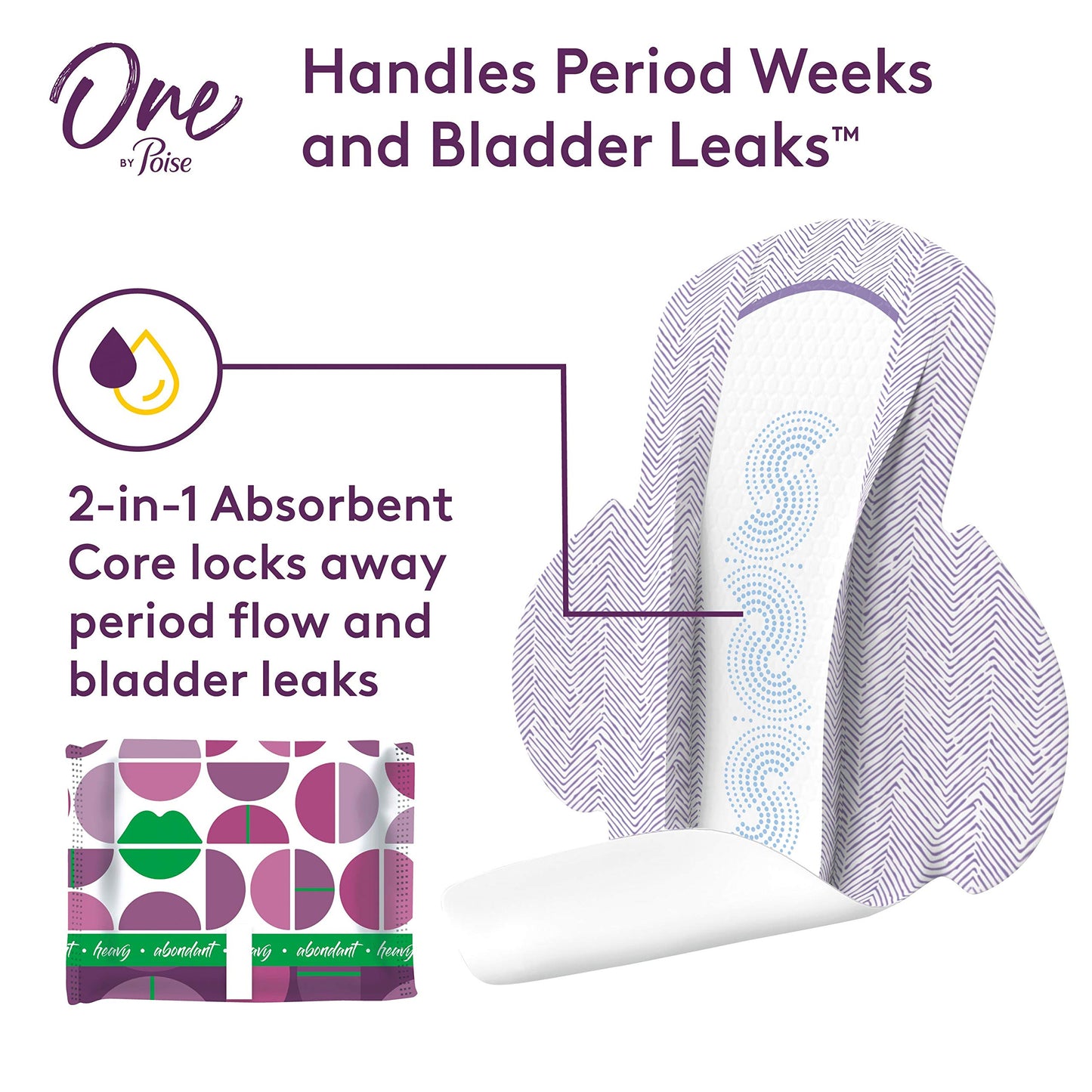 One by Poise Feminine Pads with Wings (2-in-1 Period & Bladder Leakage Pad for Women), Regular, Heavy Absorbency for Period Flow, Light Absorbency for Bladder Leaks, 18 Count
