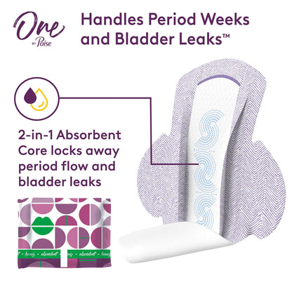 One by Poise Feminine Pads with Wings (2-in-1 Period & Bladder Leakage Pad for Women), Regular, Heavy Absorbency for Period Flow, Light Absorbency for Bladder Leaks, 18 Count
