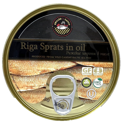 Grilled Catch Sprats Riga Smoked (12 Pack) 5.6 oz Tins in Vegetable Oil Product of Latvia, Kosher