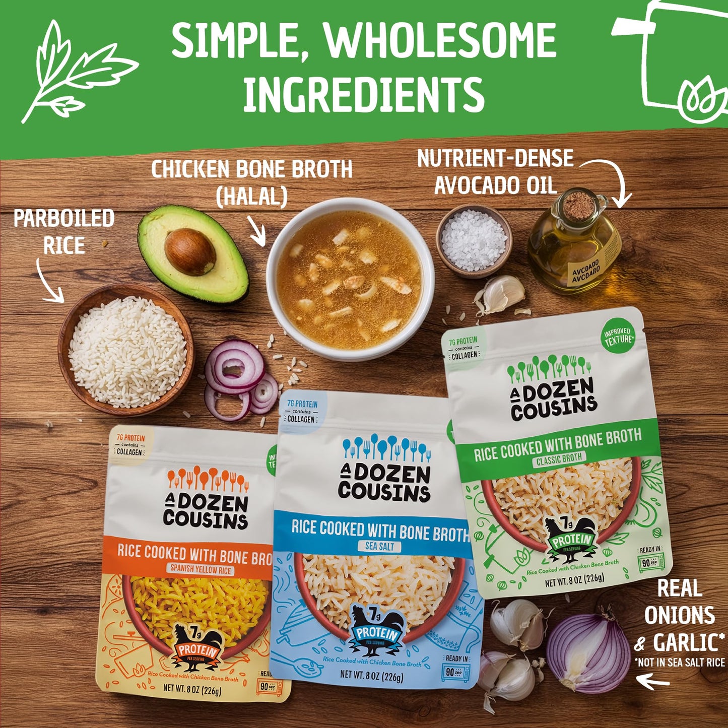 A Dozen Cousins Bone Broth Rice Variety 6pk, Ready to Eat Seasoned High Protein Rice, Clean Ingredients, Sea Salt, Classic, Spanish, Easy Side Dish, Halal, Chicken Bone Broth, Gluten Free, 8oz Packets