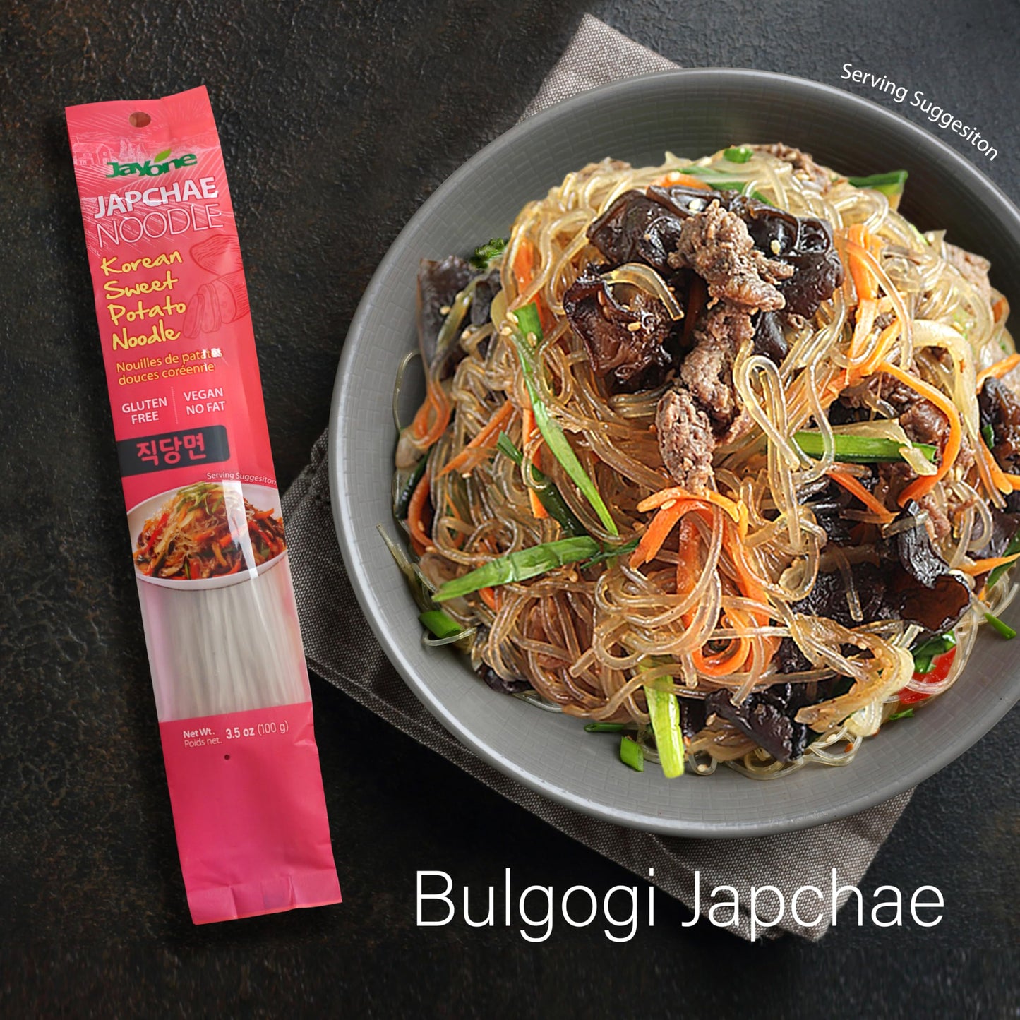 Jayone Glass Noodles, Gluten-Free Dangmyeon, Korean Vermicelli, 100% Sweet Potato Starch, Vegan, No Fat, Convenient Single-Serving Portion (Pack of 6)