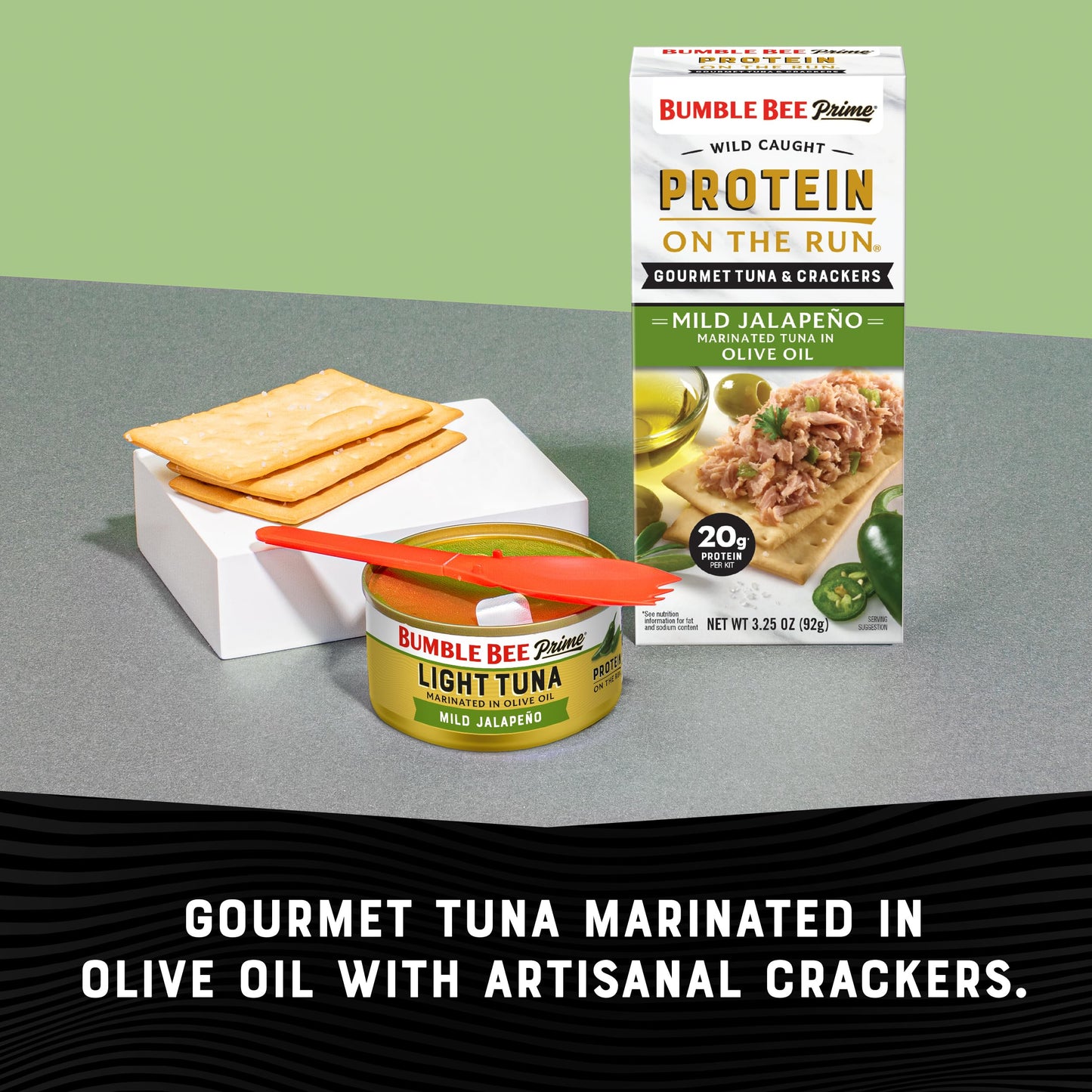 Bumble Bee Prime Protein on the Run Tuna Snack Kit, Pack of 12 - Gourmet Tuna Marinated in Olive Oil & Mild Jalapeno with Crackers and Serving Utensil - 20g of Protein Per Serving, Easy Open Can