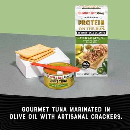 Bumble Bee Prime Protein on the Run Tuna Snack Kit, Pack of 12 - Gourmet Tuna Marinated in Olive Oil & Mild Jalapeno with Crackers and Serving Utensil - 20g of Protein Per Serving, Easy Open Can