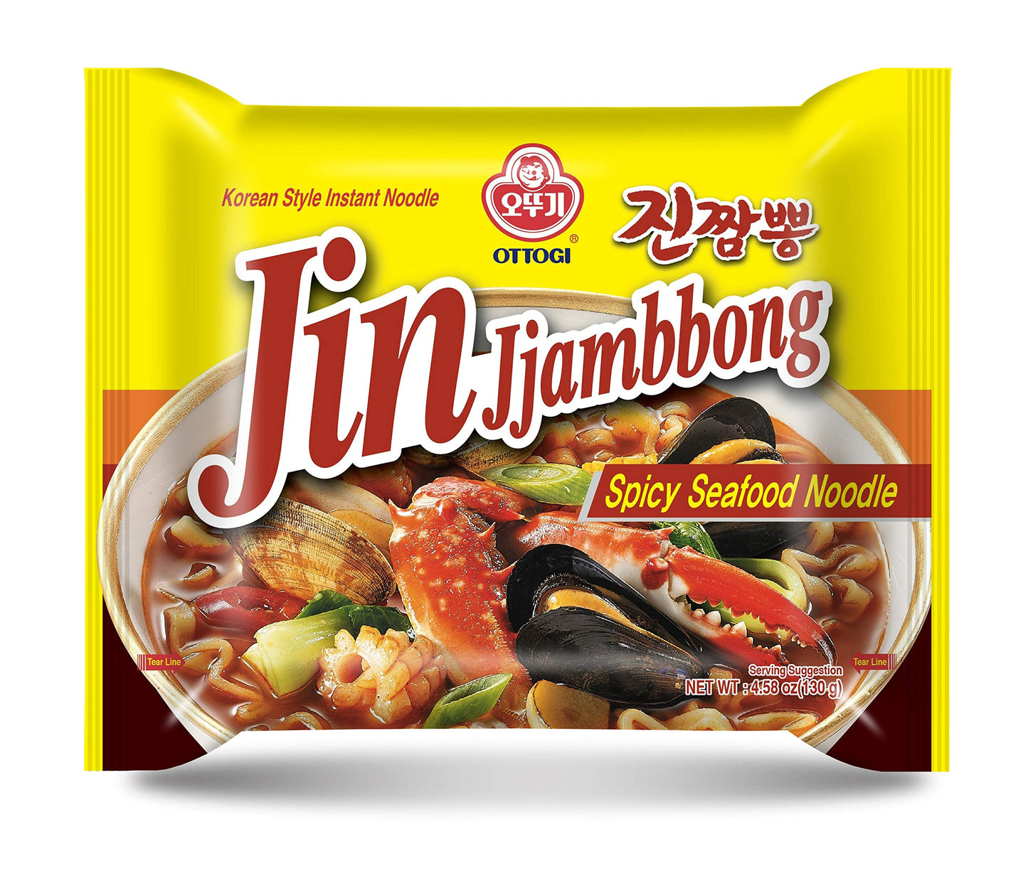 OTTOGI JIN Jjambbong Korean Instant Ramen – Spicy Seafood Noodles, Red Broth, 4.58 oz (Pack of 4)