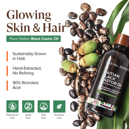 Kreyol Essence - Haitian Black Castor Oil for Skin and Hair, Glass Bottle - Cold Pressed Castor Oil, Fuller-Looking Hair, Hexane Free, Natural Humectant | 3.4 Fl Oz | Rosemary Peppermint