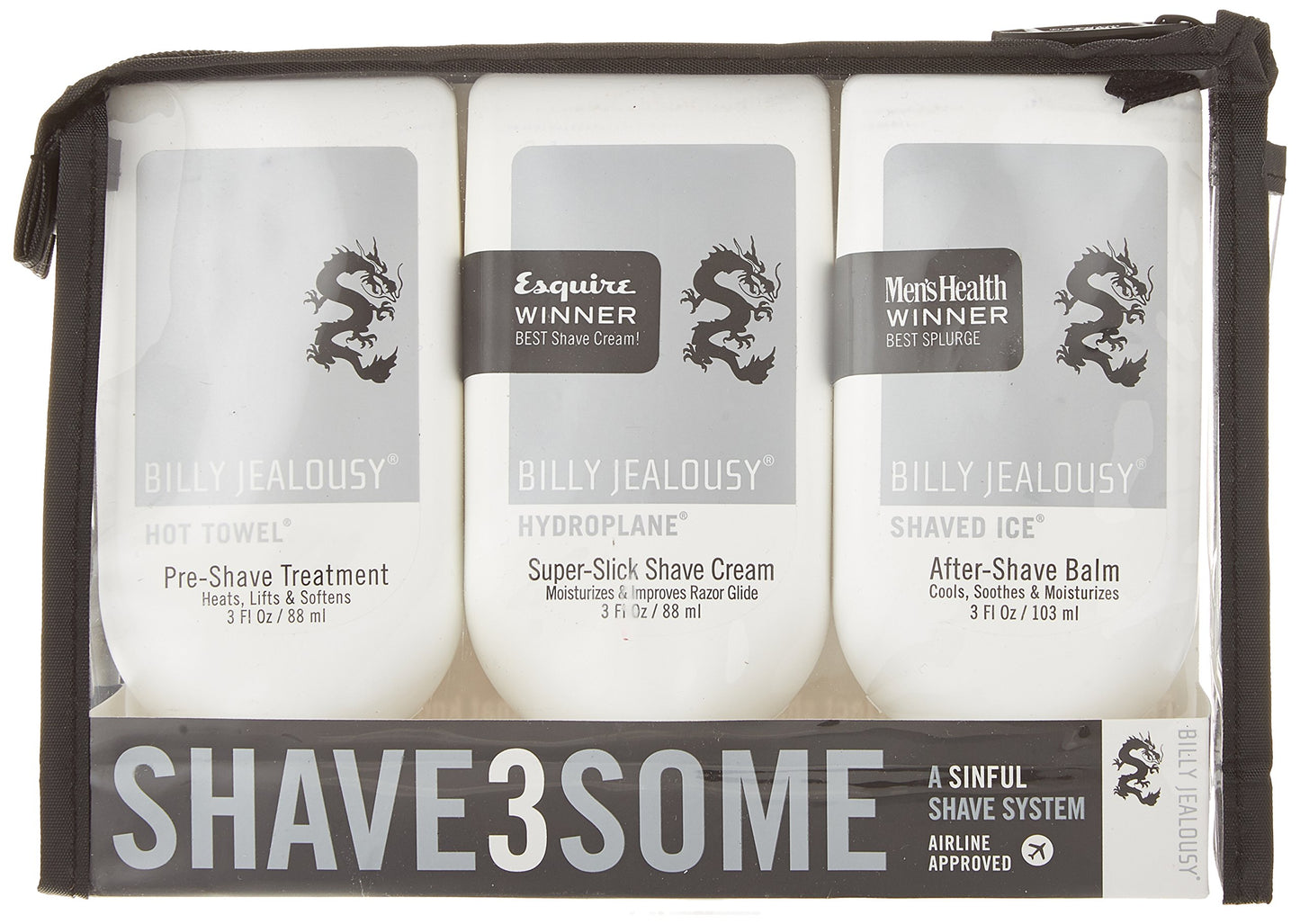 Billy Jealousy Shave3some Travel-Size Trio Shaving Kit for Men with Heating Pre-Shave, Super Slick Shave Cream and Cooling After-Shave, Citrus Scent, 3 Fl Oz Each