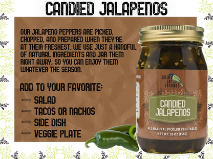 Green Jay Gourmet Pickled Candied Jalapeños in a Jar - Fresh Hand Jarred Vegetables for Cooking & Pantry – Home Grown Pre-Prepared Pickled Candied Jalapeños – Simple Natural Ingredients - 16 Ounce Jar