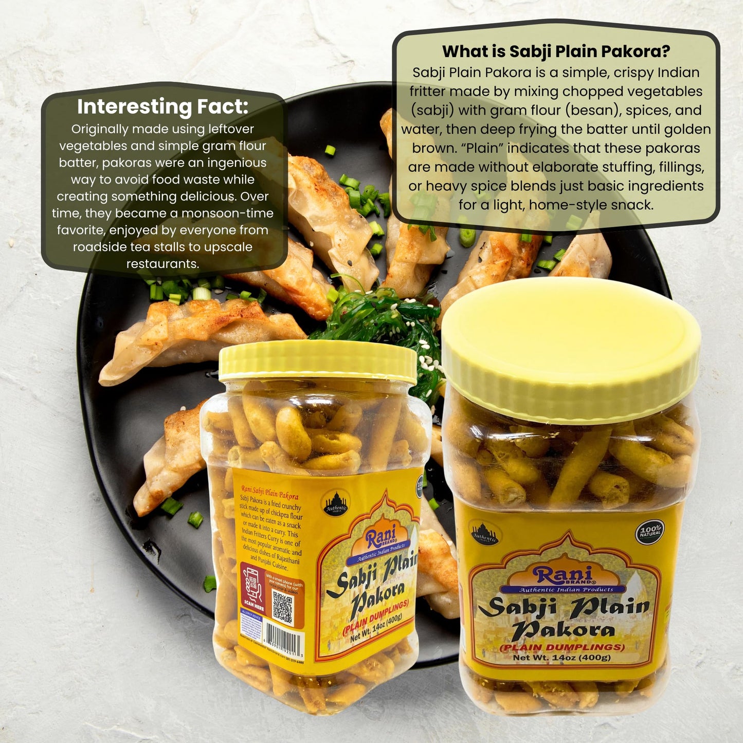 Rani Sabji Pakoda (Plain Dumplings) 14oz (400g) PET Jar ~ All Natural | Vegan | No Preservatives | No Colors | Gluten Friendly | Indian Origin