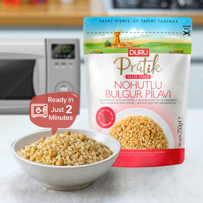 Duru Ready Bulgur Pilaf with Chickpeas, 250g x 4 Pack – Heat & Eat, 100% Natural, Non-GMO, BPA Free, No Trans Fat, No Preservatives