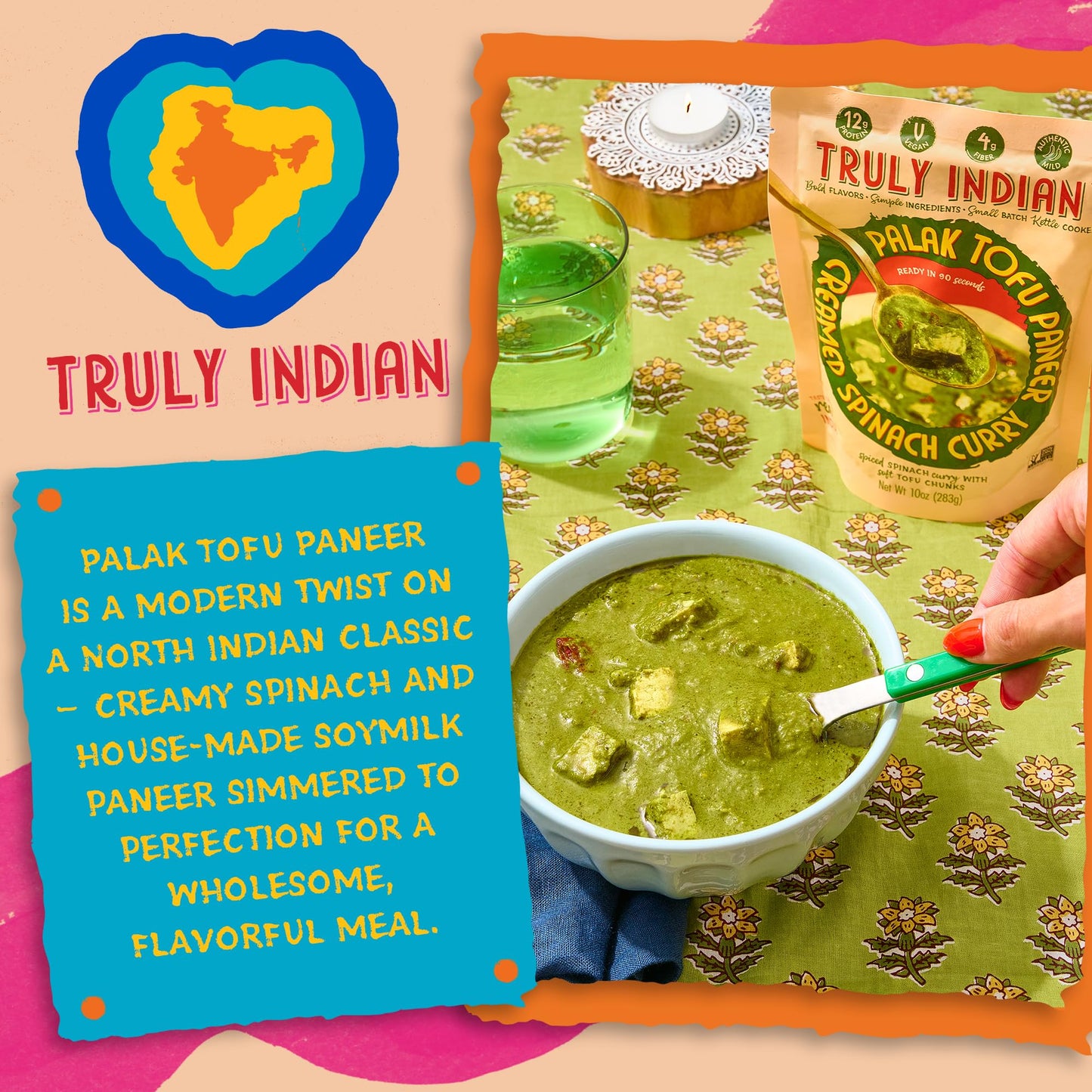 Truly Indian Creamed Spinach & Tofu Curry (Palak Tofu Paneer) 10 Ounce 6-Pack | Authentic Traditional Indian food | Made Fresh in India With Locally Grown Ingredients | Ready to Eat, Vegan