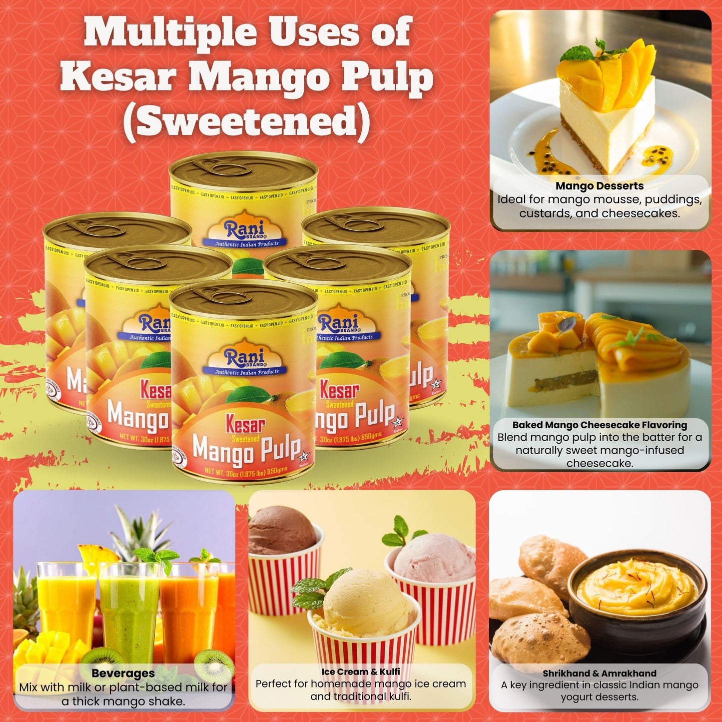 Rani Mango Pulp Puree (Makes Mango Lassi Shakes) Kesar Sweetened 30oz (1.875lbs) 850g Pack of 6 ~ Kosher | All Natural | NON-GMO | Vegan | No colors | Gluten Friendly | Indian Origin